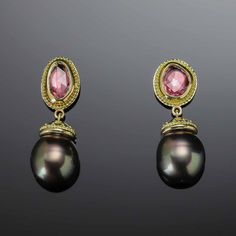 Enrich your look with these luxurious Pink Sapphire & Tahitian Black Pearl Earrings handcrafted from 18K Treasure Gold made with shipwreck treasure. Adorned with captivating rose-cut pink sapphires and enchanting Tahitian black pearls, each earring is intricately framed with delicate granulation for a truly exquisite finish. A unique find for your unique style! The beautiful pink sapphires weigh 2.02cttw and the pearls are approximately 9.4mm. Handcrafted in solid 18K gold made with 400 year-old Elegant Tourmaline Earrings With Gemstone Accents, Luxury Gold Tourmaline Earrings, Elegant Tourmaline Earrings For Formal Occasions, Elegant Gold Tourmaline Earrings, Elegant Tourmaline Drop Earrings, Elegant Oval Tourmaline Earrings, Luxury Tourmaline Earrings As Gift, Luxury Tourmaline Earrings For Gift, Elegant Tourmaline Teardrop Earrings