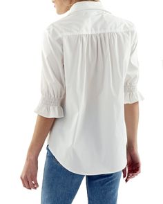 Button front white poplin blouse Elbow length puffed sleeve with smocked cuff Shirring along shoulder seam 60% Cotton / 35% Poly / 5% Spandex Puff sleeve poplin blouse with relaxed shape Hand or machine wash Made in USA Style # 3168031 More sizes/colors available at NeimanMarcus.com Underarm Stains, Poplin Blouse, Poplin Top, Linen Blouse, Basic Shirts, Different Outfits, Puff Sleeve Top, Elbow Length Sleeve, Striped Shirt