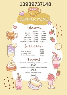 the menu for a cafe with different drinks and desserts on it's side