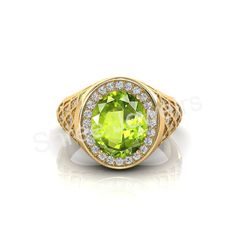 "Peridot is a beautiful and vibrant gemstone known for its stunning green color. Here's a detailed description of Peridot: 1. **Color Peridot's most distinctive feature is its vibrant green color, ranging from a light yellow-green to a deep olive green. The intensity of the green color is determined by the amount of iron present in the crystal structure. Peridot's color is often associated with the lush green of nature and is especially popular in summer jewelry. 2. **Clarity Peridot is usually Panna Ring, Peridot Color, Emerald Style, Green Emerald Ring, Crystal Structure, Persian Design, Ring Emerald, Peridot Ring, Green Peridot