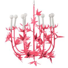 a pink chandelier hanging from a ceiling with five candles in the shape of flowers