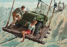 a painting of two people on a jeep suspended by ropes