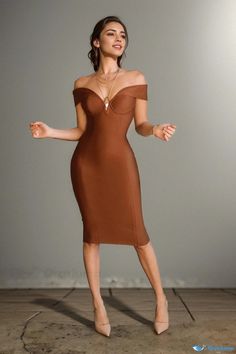 Orcajump - Sleeveless Coffee-colored Bandage Dress: Elegant and Stylish Collared Bodycon Dress Fitted Brown Midi Dress, Brown Fitted Midi Dress, Strapless Brown Bodycon Dress For Party, Brown Knee-length Midi Dress For Parties, Brown Midi-length Bodycon Dress For Evening, Brown Midi Length Bodycon Dress For Evening, Fitted Brown Midi Dress For Night Out, Brown Strapless Stretch Dress, Brown Stretch Strapless Dress