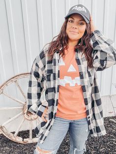 All Checked Out Flannel {White} Plaid Flannel Shirt Outfit, Flannel Shirt Outfit, Pumpkin Face, Teacher Outfits, Pumpkin Faces, Flannel Material, Ball Cap, White Plaid, Raw Edge