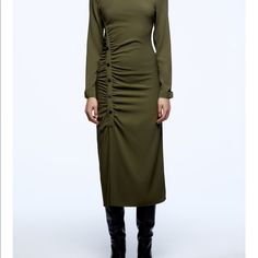 New. It Has A Nice Stretch To It. Winter Midi Dress For Date Night With Ruched Detail, Winter Ruched Midi Dress For Date Night, Winter Date Night Midi Dress With Ruched Detail, Green Ruched Maxi Dress For Fall, Green Ruched Midi Dress For Fall, Winter Date Night Ruched Midi Dress, Fall Sheath Midi Dress, Fall Ruched Maxi Dress For Work, Ruched Midi-length Dress For Winter