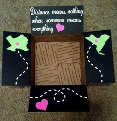 a cardboard box with some paper hearts on it and the words distance means nothing when someone means everything