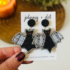 Get into the Halloween spirit with these fun beaded bat earrings! Featuring striking white sequined wings, these earrings add just the right touch of spooky flair without weighing you down. Lightweight and comfortable, they're perfect for teachers or anyone who wants to add a little festive fun to their wardrobe this season. DETAILS: Measures 2 1/4 inches wide x  2 1/2 inches long Lightweight at just 2 ounces each Beaded Bat, Bat Halloween, Bat Earrings, Halloween Spirit, Halloween Earrings, Halloween Bats, Everyday Earrings, Appreciation Gifts, Spirit Halloween