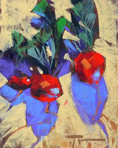 a painting of blue and red flowers in a vase