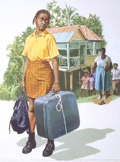 a painting of a young boy carrying a suitcase with people in the background behind him