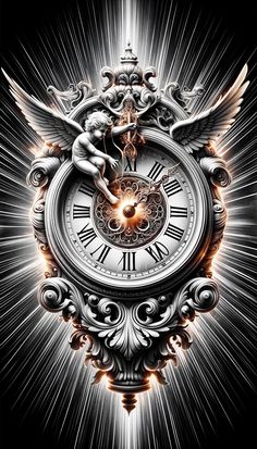 an ornate clock with angels on it against a black background