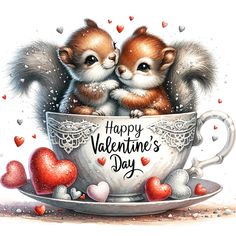 two cute little chipmuns in a teacup with hearts on the side saying happy valentine's day