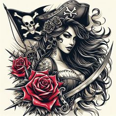 a woman with long hair wearing a pirate hat and holding two roses