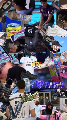 a collage of photos with various people and items on them, including shoes, hats, socks, t - shirts