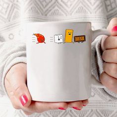 a woman is holding a coffee mug with four different things on the inside of it