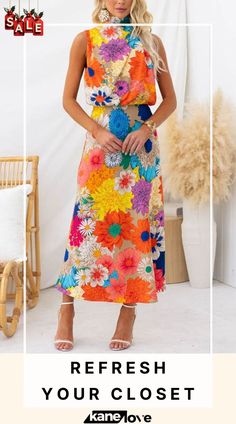 Land Of Beauty Floral Print Halter Neck Elastic Waist Party Maxi Dress Bohemian Midi Dress With Vibrant Print For Party, Sleeveless Multicolor Print Party Dress, Floral Print Maxi Dress For Party Season, Multicolor Summer Party Midi Dress, Summer Party Multicolor Midi Dress, Sleeveless Midi Dress With Vibrant Print For Party, Party Multicolor Print Maxi Dress, Spring Party Maxi Dress With Floral Print, Casual Multicolor Print Midi Dress For Party