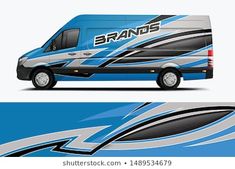 a blue and white van wrapper with the word brands on it's side