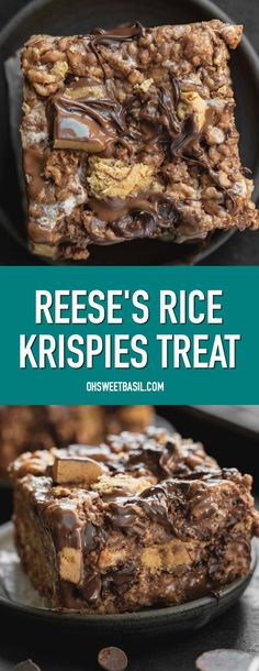 reese's rice krispies treat on a plate with chocolate chips around it and the title overlay reads reese's rice krispies treat