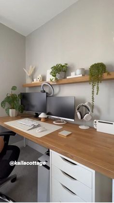 a desk with a computer and some plants on it