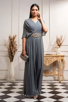 Party Wear Outfits Western, Georgette Dress Western, Panda Sketch, Indo Western Outfits For Women, Draped Jumpsuit, Western Gowns, Petal Sleeves, Western Dresses For Women, Latest Dress Design