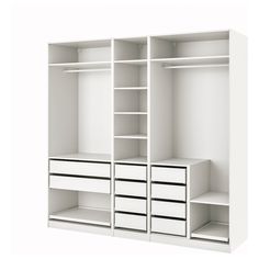 an open closet with drawers and shelves on each side is shown in front of a white background