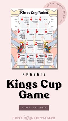 the king's cup game is shown with text overlaying it and an image of