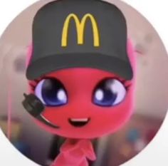 a cartoon character wearing a hat and holding a cell phone to his ear with the mcdonald's logo on it