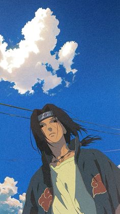 an anime character standing in front of a blue sky with clouds and telephone wires behind him