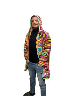 Multicolor Crochet Sweater Coat For Winter, Colorful Knitted Outerwear For Winter, Winter Colorful Crochet Cardigan, Colorful Crochet Outerwear For Winter, Colorful Crochet Cardigan For Winter, Multicolor Granny Square Cardigan For Winter, Colorful Granny Square Sweater For Winter, Colorful Granny Square Winter Cardigan, Colorful Granny Square Cardigan For Winter