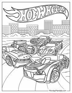 a coloring page with cars on the road and buildings in the background, that says hot wheels