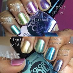 Happy #SwatchTheWholeSet Saturday - Easter nails edition! The Sally Hansen Color Foil line was released for Summer 2014, and came in ten shades. I only own eight (Minted Metal is labeled once but shown twice - middle finger in bottom pic). These metallics were the second coming of the famous Chrome Nail Makeup line that according to blog legend came out in the late 90s to early 2000s. (Any historians who can help me clarify?). The range of shades and vibrancy makes up for any brush strokes (hard Nail Makeup, The Second Coming, Healing Journaling, Sally Hansen Nails, Chrome Color, Chrome Nail, Easter Nails, Chrome Colour, Gold Alloys