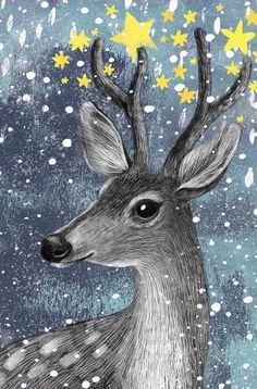 a drawing of a deer with stars on its antlers