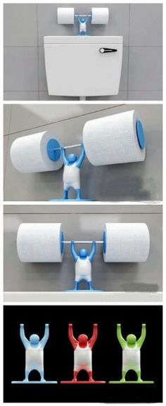 three different types of toilet paper holders with arms and legs attached to the wall above them