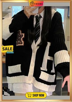 Women's Cardigan Sweater Jumper Waffle Knit Hollow Out Button Letter V Neck Casual Daily Weekend Winter Fall Black White One-size Preppy College Sweater For Winter, Black Knitted Button-up Sweater, Cheap Cardigans, Winter Jumpers, Button Fashion, Loose Cardigan, Letter V, Sweater Jumper, Knitted Coat