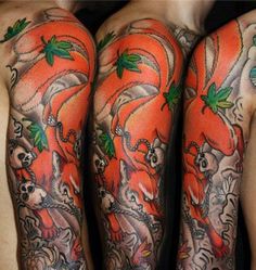 two men with tattoos on their arms and legs, both showing the same tattoo designs