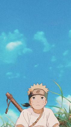 an anime character holding a baseball bat in front of grass and blue sky with clouds