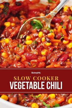 slow cooker vegetable chili in a white bowl with a red banner overlay that says slow cooker vegetable chili