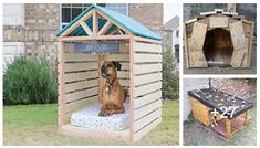 there are pictures of different dog houses made out of pallet boards and wood planks