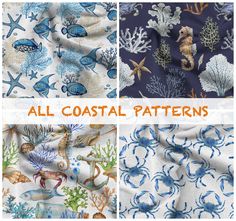 four different patterns of sea animals and corals on white fabric with orange text that says all coastal patterns