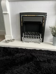 a black and white fireplace in a living room next to a potted plant on top of a rug