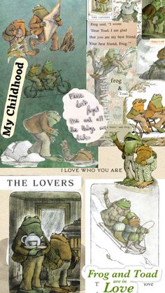 the frog and toad love story is shown in four different pictures, one with an image of