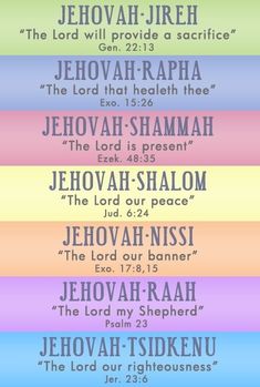 the ten commandments of jehovah and their names in rainbow colors with text below