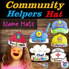 Community Helpers Dramatic Play Hats EDITABLE  Name Hats / Crowns for Police Officer, Firefighter, Nurse, Construction Worker, Chef and Mailman. These hats are just what you may be looking for Community Helpers week. These hats are perfect for Dramatic Play. This  resource contains a cute hat template with Auto-Fill PDF for you to fill name of students or print blank and let them write it on their own. It also includes name tracing. Just type in your class list and the sheet will automatically p Community Helpers Preschool Costumes, Community Helpers Hats Templates, Fireman Hats For Preschool, Community Helpers Preschool Dramatic Play, Community Helpers Dramatic Play, Community Helpers Hats, Community Helpers Crafts For Toddlers, List Of Community Helpers, Community Helper Dramatic Play