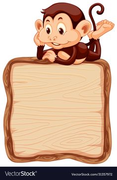 a monkey above the wooden sign on a white background