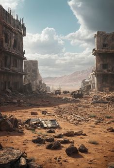 an abandoned city in the desert with rocks and debris on the ground, under a cloudy sky