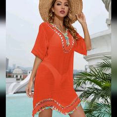 Oversized Burnt Orange Swimsuit Cover Up By Shein In Size Medium. Real Measurements Bust 47.2", Sleeve Length 10.8", Length 33.1" Smoke Free Home Nwt Orange V-neck Swimwear For Vacation, Orange V-neck Cover-up For Beach Season, Red Short Sleeve Swimwear For The Beach, Red Short Sleeve Swimwear For Beach, Casual Short Sleeve Holiday Cover-up, Sheer Swimsuit, Knitted Swimsuit, Summer Bathing Suits, Skirt Coverup