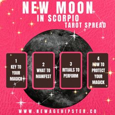 the new moon in scorpio tarot spread is shown on a pink background