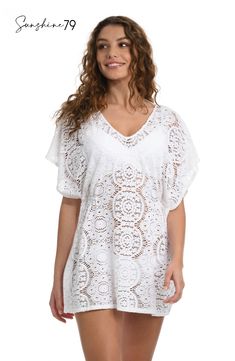 This resort-ready, bohemian staple balances a cool, coastal vibe with a touch of femininity. This V-neck caftan that ties at the neck in back with gold logo cord ends takes you from a dip to dinner in effortless style. Styled with breezy dolman sleeves, this cover-up gathers just below the bust on each side to create gentle ripples of fabric for a flowy fit. [split] Details V-neck caftan Ties at neck in back Dolman sleeves Breezy silhouette Fabric 100% Cotton V-neck Beach Dress With Lace Trim As Cover-up, V-neck Beach Dress With Lace Trim, Bohemian V-neck Kaftan For Brunch, Unlined V-neck Cover-up For Vacation, Beachy Flowy V-neck Kaftan, Vacation Crochet Top With Lace Trim And Short Sleeves, Short Sleeve Crochet Top With Lace Trim For Vacation, Flowy V-neck Tunic For Beach Cover-up, Chic V-neck Festival Cover-up