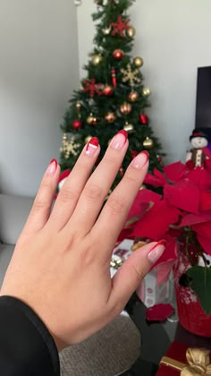 Red French Tips Santa Hat, Red French Tip Santa Hat Nails, Santa French Tip Nails, French Tip Santa Hat, French Tip Nails Holiday, Preppy Christmas Nails, Red Glitter French Tip Nails, Red French Tip Acrylic Nails, Christmas French Tip Nails