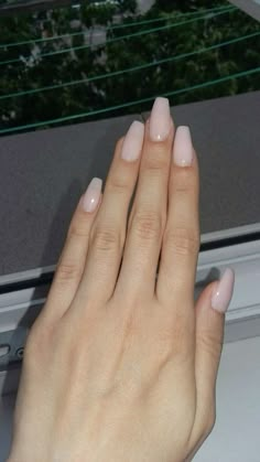 Pale Skin Acrylic Nails, Pretty Mid Length Nails, Acrylics For Pale Skin, Coffin Milky Pink Nails, Pale Pink Ballerina Nails, Pale Pink Acrylics, Long Pale Pink Nails, Homecoming Nails Natural, Pink Ballerina Nails Medium