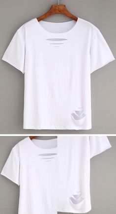 two pictures of the same white t - shirt with holes on it, and one has a wooden hanger